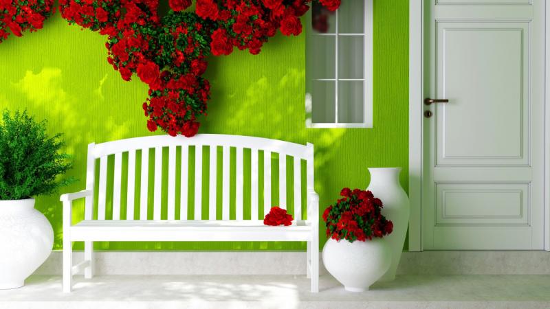 门,窗,板凳,鲜花,绿色背景墙,温馨家居桌面壁纸