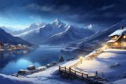 美丽的冬季风景 夜晚 雪景 雪山 湖水 房子 灯光 桌面壁纸