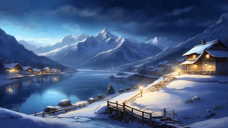 美丽的冬季风景 夜晚 雪景 雪山 湖水 房子 灯光 桌面壁纸